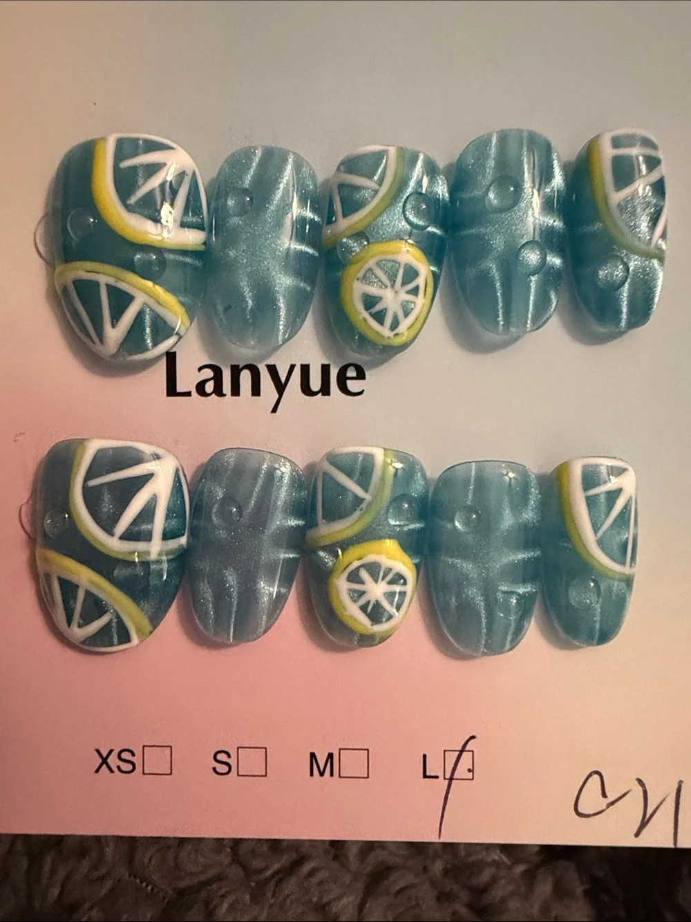 Teal Citrus handmade acrylic Press-On Nail Set by Lanyue